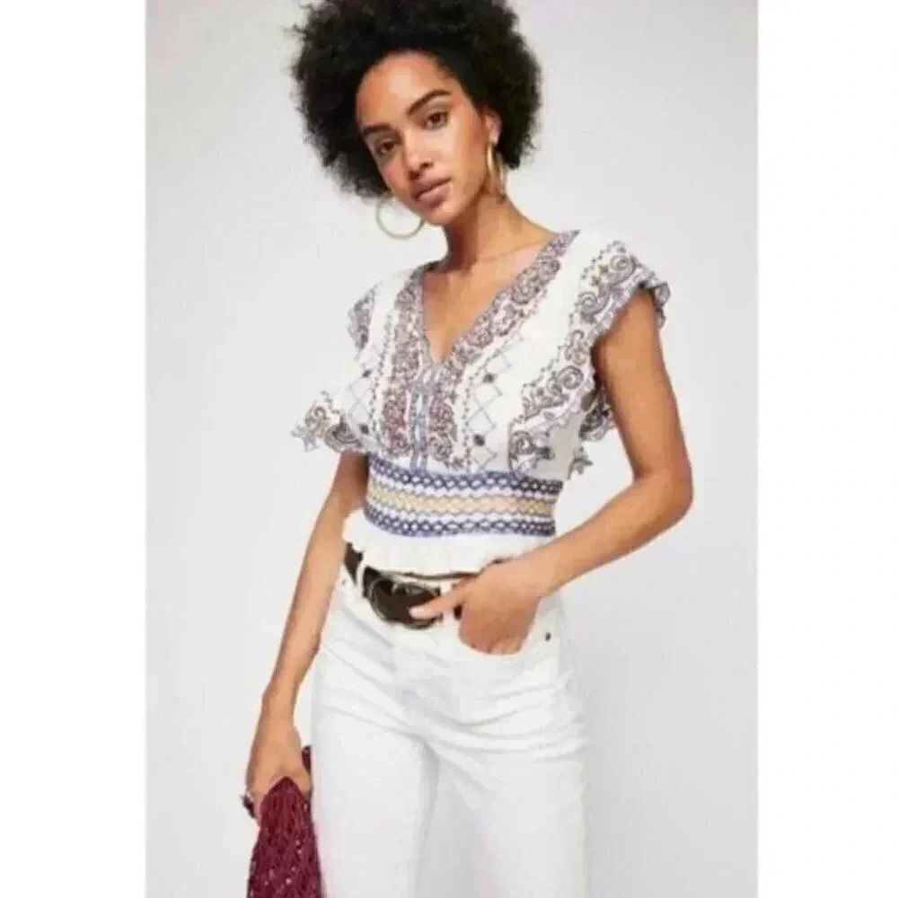 Free People- White Holland Park Beaded Blouse - Picture 1 of 8
